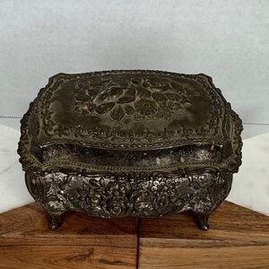 Vintage Ornate Rococo Silver Jewelry Casket with Red Lining